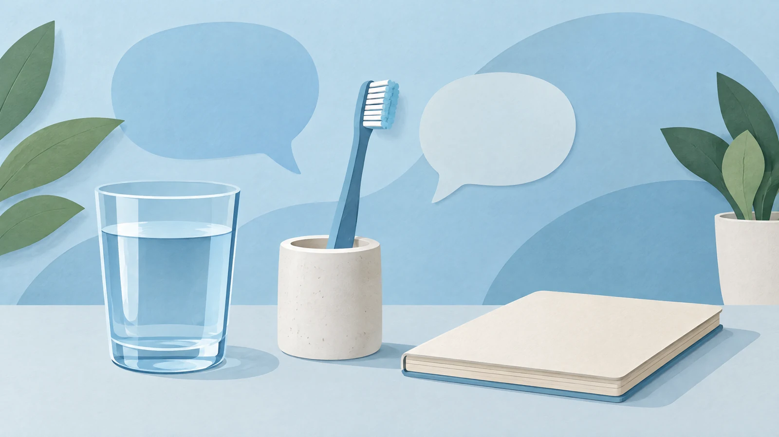 Illustration of a toothbrush, glass of water, blank notebook and empty speech bubbles.