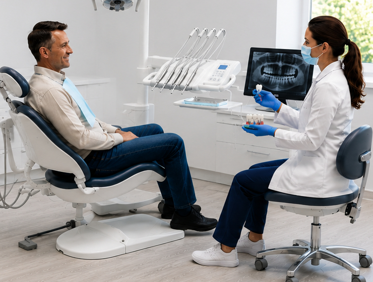 Patient reviewing crown and bridge treatment options with a dentist