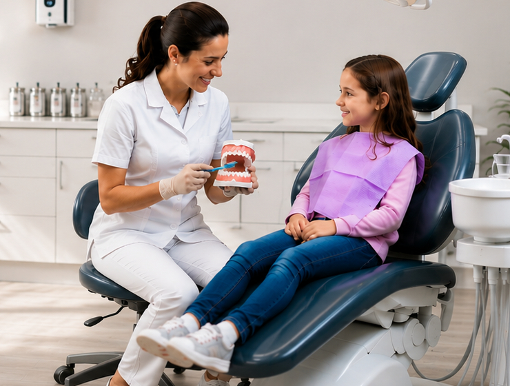 Dental professional showing a child how to brush using a model in a bright treatment room