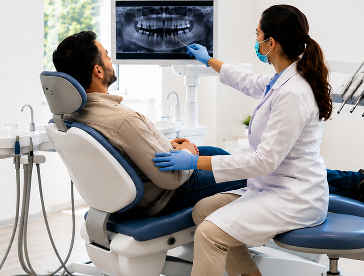 Dentist reviewing a dental implant restoration with a patient in a treatment room