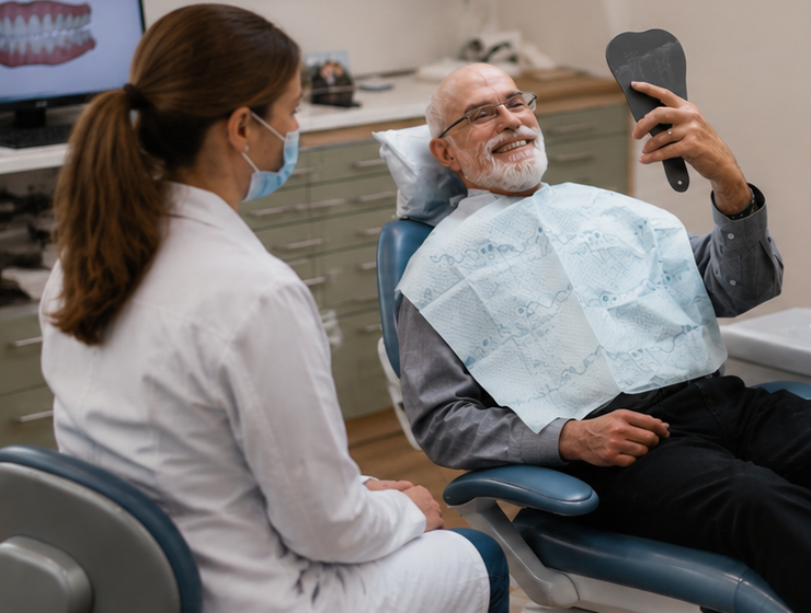Patient discussing complete and partial denture options with a dentist