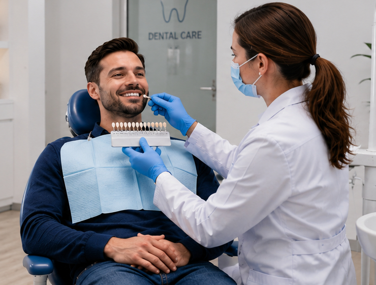 Patient reviewing porcelain veneer smile design options with a dentist