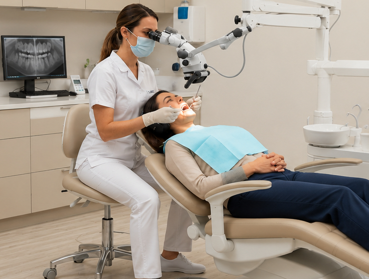 Dentist explaining root canal treatment findings to a patient