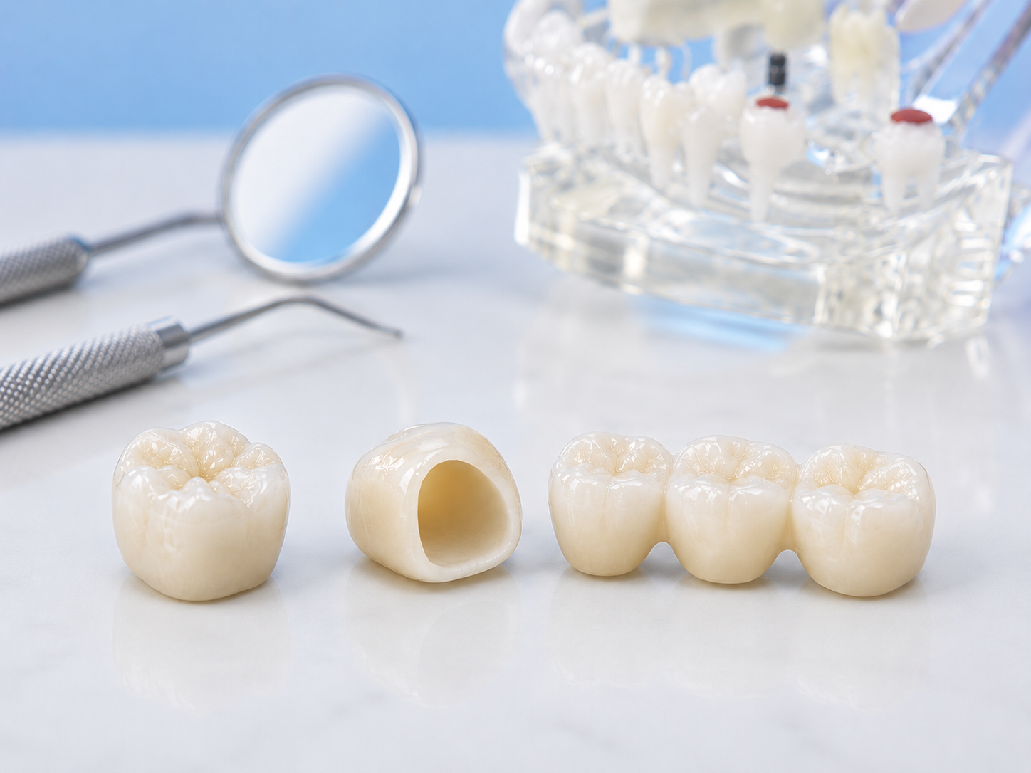 Clinical crown and bridge result showing restored teeth and smile symmetry