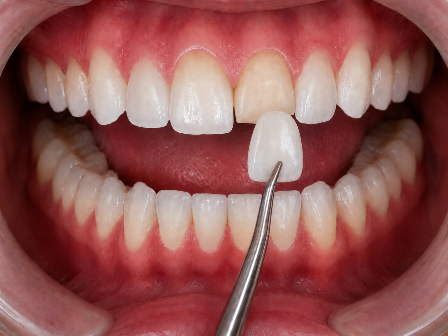 Porcelain veneer result showing even, bright, natural-looking front teeth