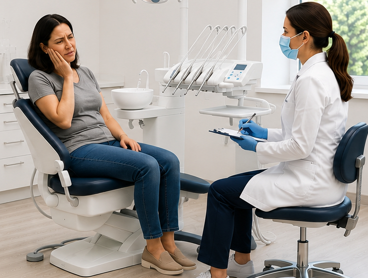 Patient discussing jaw pain and bite discomfort with a dentist
