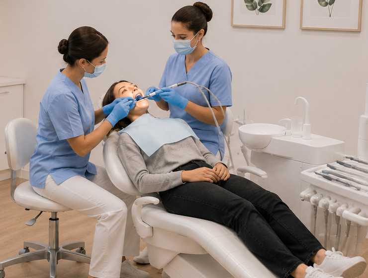 Dentist restoring a tooth with a tooth-coloured filling