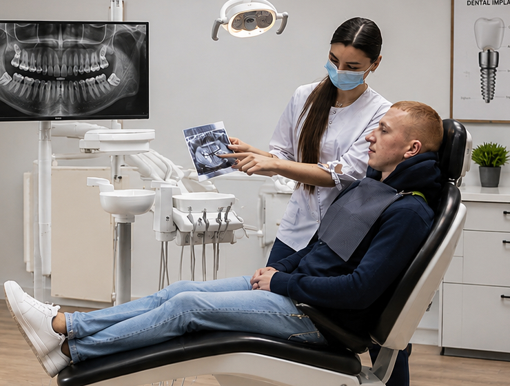 Patient reviewing wisdom tooth X-rays and removal planning with a dentist